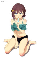 1girl :o absurdres anime_coloring armpit_crease bare_legs bare_shoulders barefoot bikini black_bikini blue_eyes breasts brown_hair collarbone copyright_name copyright_notice double_bun food frilled_bikini_top furutachi_kurea green_bikini hair_between_eyes hair_bun hair_ornament hibi_wa_sugiredo_meshi_umashi highres holding holding_food holding_popsicle light_blush looking_at_viewer magazine_scan medium_breasts medium_hair megami_magazine navel off-shoulder_bikini off_shoulder official_art open_mouth popsicle scan shade sidelocks simple_background sitting solo stomach swimsuit wariza white_background wispy_bangs x_hair_ornament yamagata_haruka