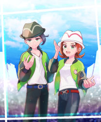 Rule 34 | belt, black hat, black pants, blue belt, brown hair, closed mouth, eyelashes, green eyes, green jacket, harmony (pokemon), hat, highres, jacket, nintendo, pants, paxton (pokemon), pokemon, pokemon legends: z-a, red belt, ric, shirt, short hair, white hat, white shirt