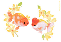 Rule 34 | :&gt;, animal, animal focus, closed mouth, commentary request, fish, flower, full body, goldfish, original, pikaole, simple background, smile, twitter username, watermark, white background, yellow flower