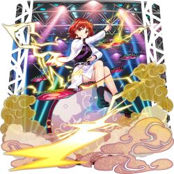 1girl belt black_boots black_shirt boots closed_mouth crossed_legs drum drum_set drumsticks electricity full_body game_cg highres holding holding_drumsticks horikawa_raiko instrument jacket long_sleeves looking_at_viewer medium_hair mitsudomoe_(shape) necktie official_art open_clothes open_jacket plaid_clothes plaid_shirt purple_necktie red_eyes red_hair rotte_(1109) shirt sitting sitting_on_drum skirt smile solo stage_lights suit_jacket taiko_drum third-party_source tomoe_(symbol) touhou touhou_lostword transparent_background white_jacket white_skirt