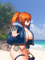 Rule 34 | 1girl, absurdres, aged up, beach, bikini, breasts, bucket, dutch girl (last origin), highres, hood, hoodie, jinheulgdeongi, large breasts, last origin, long sleeves, looking at viewer, messy hair, navel, ocean, open clothes, open hoodie, orange eyes, orange hair, photo background, ponytail, sky, solo, swimsuit, thigh strap