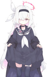 Rule 34 | 1girl, absurdres, black choker, black coat, black eyes, black hairband, black sailor collar, black serafuku, black shirt, black skirt, black thighhighs, blue archive, blush, bow, braid, choker, closed mouth, coat, colored inner hair, commentary, feet out of frame, furobai (onunku), grey background, hair bow, hairband, halo, highres, long hair, long sleeves, looking at viewer, multicolored hair, neckerchief, pink hair, plana (blue archive), pleated skirt, red halo, red pupils, sailor collar, sailor shirt, school uniform, serafuku, shirt, side braid, simple background, single braid, skirt, skirt hold, solo, standing, thighhighs, two-tone hair, very long hair, white bow, white hair, white neckerchief