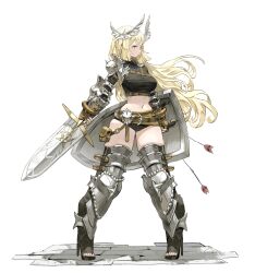 1girl absurdres armor arowana2111 arrow_(projectile) belt black_boots black_shirt black_shorts blonde_hair boots breasts brick_floor brown_belt commentary cropped_shirt english_commentary full_body hair_ornament high_heel_boots high_heels highres holding holding_knife holding_shield holding_sword holding_weapon knife large_breasts legs_apart long_sleeves looking_ahead micro_shorts navel original outstretched_arms shield shirt shorts shoulder_armor shoulder_belt simple_background solo sword thigh_boots tight_clothes tight_shirt vambraces weapon white_background