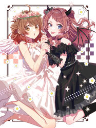 2girls :o :p ahoge angel_and_devil angel_wings black_boots black_bow black_choker black_dress blue_eyes boots bow brown_eyes brown_hair checkered_background choker collarbone commentary demon_horns demon_wings dress earrings flower flower_earrings frilled_dress frills from_side gakuen_idolmaster hair_bow hair_bun hair_flower hair_ornament half-closed_eye hanami_saki hanami_ume head_wreath high_heels highres hirayama_kanna holding_hands horns idolmaster jewelry knee_boots lace_sleeves long_hair looking_at_viewer medium_hair multiple_girls no_socks polka_dot polka_dot_bow red_hair shoes siblings single_side_bun sisters studded_dress symbol-only_commentary tongue tongue_out two_side_up watermark white_bow white_dress white_shoes wings