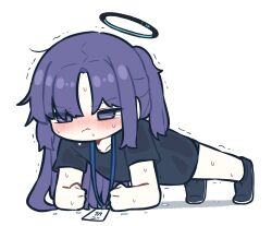 Rule 34 | 1girl, arm rest, black shirt, blue archive, blush, clenched hands, collarbone, commentary, halo, highres, nose blush, official alternate costume, piki (itpiki), planking, purple eyes, purple hair, shirt, short sleeves, simple background, solo, sweat, symbol-only commentary, tiptoes, trembling, white background, yuuka (blue archive), yuuka (track) (blue archive)