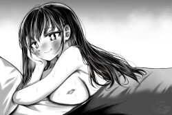 Rule 34 | 1girl, ao tanuki, bed sheet, blush, boku no kokoro no yabai yatsu, breast press, breasts, closed mouth, commentary, dated commentary, from side, greyscale, head rest, large breasts, lipstick mark, lipstick mark on breast, long hair, looking at viewer, lying, monochrome, nude, on stomach, pillow, signature, smile, solo, sweat, under covers, upper body, yamada anna