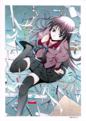 1girl absurdres bakemonogatari black_thighhighs blue_eyes boxcutter circle_skirt female_focus from_above highres legs long_hair looking_up monogatari_(series) moonsorrow necktie pen pencil purple_hair ruler scan school_uniform scissors senjougahara_hitagi set_square sitting skirt solo stapler stationery thighhighs zettai_ryouiki