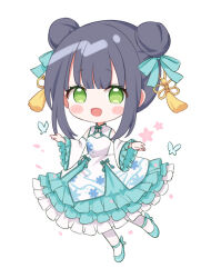 1girl aqua_dress aqua_ribbon aqua_shoes black_hair blush_stickers bug butterfly chibi chibi_only china_dress chinese_clothes cleavage_cutout clothing_cutout commentary double_bun dress flower frilled_dress frilled_sleeves frills full_body furutori green_eyes hair_bun hair_ornament hair_ribbon insect layered_dress lolita_fashion long_sleeves looking_at_viewer mary_janes open_mouth original pantyhose pink_flower qi_lolita ribbon shoes short_hair_with_long_locks sidelocks simple_background smile solo symbol-only_commentary tassel tassel_hair_ornament two-tone_dress white_background white_dress white_pantyhose wide_sleeves