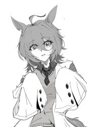 1girl absurdres agnes_tachyon_(umamusume) animal_ears coat collared_shirt earrings greyscale hair_between_eyes hands_up highres horse_ears horse_girl horse_tail jewelry lab_coat long_sleeves medium_hair monochrome necktie open_clothes open_coat parted_lips shirt short_necktie simple_background single_earring sleeves_past_fingers sleeves_past_wrists solo sweatdrop sweater tail turn_pale umamusume white_background wide_sleeves yato_hakkaoil
