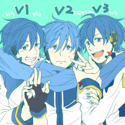 3boys ahoge aqua_background blue_eyes blue_hair blue_nails blue_scarf blue_sleeve_cuffs coat creamyya fingerless_gloves gloves grabbing_another&#039;s_arm grin hair_between_eyes headphones headset kaito_(vocaloid) kaito_(vocaloid3) light_blush male_focus multiple_boys multiple_persona open_mouth sandwiched scarf smile sweatdrop vocaloid white_coat worried