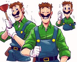 1boy belt blue_eyes blue_overalls brown_hair closed_eyes collared_shirt facial_hair gloves green_shirt highres holding_plunger looking_at_viewer luigi male_focus mario_(series) mustache nintendo open_mouth overalls plunger scared shirt short_hair short_sleeves solo white_background white_gloves yowasabimechaoc
