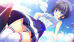 black_hair blue_eyes blush braid breasts cloud day fujimiya_rinne hat highres medium_breasts mitsumomo_mamu non-web_source official_art open_mouth outdoors panties skirt sky solo striped_clothes striped_panties tagme tenpure!! thighhighs underwear upskirt white_thighhighs
