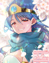 1girl aqua_cape armlet blue_gemstone blue_hair breasts cape cherry_blossoms circlet cleavage colored_eyelashes commentary_request dragon_quest dragon_quest_iii dress earrings floating_hair gem gold_armlet gold_circlet grin half-closed_eyes highres jewelry kuzuno_ha lens_flare long_hair looking_at_viewer looking_to_the_side medium_breasts petals pink_petals red_eyes sage_(dq3) smile solo strapless strapless_dress stud_earrings upper_body white_background white_dress