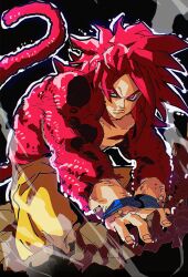 Rule 34 | 1boy, absurdres, black background, body fur, closed mouth, commentary, dragon ball, dragon ball daima, highres, isaacchief300, male focus, pants, pink eyes, pink fur, smoke, solo, son goku, spiked hair, super saiyan, super saiyan 4, tail, wristband, yellow pants