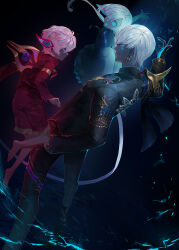 1girl 2boys arm_up armor black_gloves black_pants black_shirt blue_dress blue_eyes boy_vajra_(fate) colored_skin daeraeband dress dutch_angle earrings fate/grand_order fate_(series) flying girl_vajra_(fate) gloves grey_skin highres indra_(fate) jewelry lightning_bolt_facial_mark looking_at_viewer multiple_boys one_eye_covered pants red_eyes red_shirt ripples shirt short_hair shoulder_armor standing white_hair