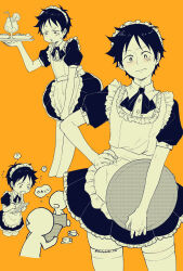 Rule 34 | 1boy, 2others, ?, alternate costume, black hair, cowboy shot, crossdressing, crossdressing (mtf), cup, dress, embarrassed, enmaided, facial scar, frilled dress, frills, highres, holding, holding plate, maid, maid headdress, male focus, male maid, moko (gloriaaaaaa), monkey d. luffy, multiple others, multiple views, o3o, one piece, orange background, plate, scar, scar on cheek, scar on face, short hair, solo, spoken question mark, teacup, thighhighs, white thighhighs, worried