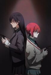 2girls amate_yuzuriha aqua_eyes back-to-back black_hair collared_shirt cowboy_shot gun gundam gundam_gquuuuuux handgun highres holding holding_gun holding_weapon jacket long_hair multiple_girls necktie nyaan_(gundam_gquuuuuux) otakulifewow profile red_hair school_uniform shirt short_hair skirt sweater weapon yellow_eyes