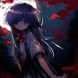 1girl artist_name backlighting blue_hair bow bowtie commentary expressionless full_moon furude_rika higurashi_no_naku_koro_ni hm4307 long_hair moon night night_sky outdoors pleated_skirt purple_eyes short_sleeves skirt sky solo suspender_skirt suspenders