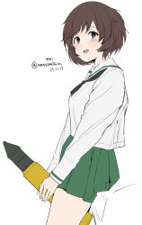 1girl akiyama_yukari amasora_taichi between_legs black_neckerchief blouse brown_eyes brown_hair commentary cowboy_shot dated from_side girls_und_panzer green_skirt highres holding long_sleeves looking_at_viewer messy_hair miniskirt neckerchief one-hour_drawing_challenge ooarai_school_uniform open_mouth pleated_skirt sailor_collar school_uniform shirt short_hair simple_background sitting skirt smile solo standing tank_shell twitter_username white_background white_sailor_collar white_shirt