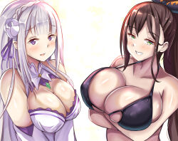 2girls arm_under_breasts ayannon_yumme braid breasts brown_hair cleavage collarbone crossed_arms dress elf emilia_(re:zero) flower green_eyes grin hair_flower hair_ornament hair_ribbon highres large_breasts long_hair looking_at_viewer medium_breasts multiple_girls open_mouth pointy_ears ponytail purple_eyes re:zero_kara_hajimeru_isekai_seikatsu ribbon shaula_(re:zero) sidelocks simple_background smile upper_body white_background white_dress white_hair