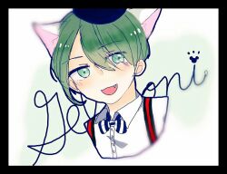 Rule 34 | 1boy, animal ears, animification, beret, bow, cat ears, duffy and friends, gelatoni, harasho-loveminionlove15, hat, humanization, looking at viewer, male focus, open mouth, personification, shirt, short hair, simple background, smile, solo