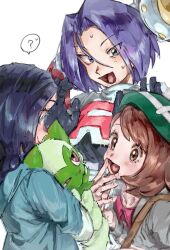 1boy 2girls :d ? akebwanwan black_hair brown_eyes brown_hair cardigan chimecho collared_dress commentary_request dress gen_3_pokemon gloria_(pokemon) green_hat grey_cardigan hat jacket james_(pokemon) liko_(pokemon) loose_hair_strand multiple_girls nintendo open_mouth pink_dress pokemon pokemon_(anime) pokemon_(creature) pokemon_horizons pokemon_swsh short_hair smile spoken_question_mark sprigatito sweat tam_o&#039;_shanter team_rocket tongue white_background