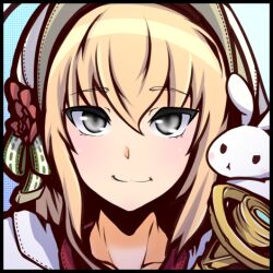 1girl blonde_hair blue_background blush closed_mouth commentary_request dress grey_eyes hair_between_eyes hat long_hair looking_at_viewer lowres official_alternate_costume portrait rabbit ragnarok_iris ragnarok_online smile solo sorcerer_(ragnarok_online) upper_body white_dress white_hat