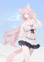 1girl absurdres animal_ear_fluff artist_name bikini bikini_top_only black_skirt blue_eyes breasts cat_tail chinese_commentary cleavage commentary_request cowboy_shot elysia_(honkai_impact) elysia_(miss_pink_elf)_(honkai_impact) elysia_(summer_miss_elf)_(honkai_impact) highres honkai_(series) honkai_impact_3rd kemonomimi_mode large_breasts long_hair navel ocean official_alternate_costume outdoors pink_hair pink_pupils pmg pointy_ears skirt solo stomach swimsuit tail thighs very_long_hair white_bikini white_skirt
