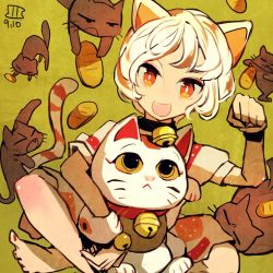 1girl :&lt; animal_ears bad_feet barefoot bell black_cat black_choker cat cat_ears cat_tail choker closed_eyes coin crossed_legs fangs gold goutokuji_mike green_background jingle_bell koban_(gold) looking_at_viewer maaru_(akira428) maneki-neko multicolored_hair one-hour_drawing_challenge open_mouth orange_eyes orange_hair patchwork_clothes paw_pose puffy_short_sleeves puffy_sleeves short_hair short_sleeves simple_background slit_pupils streaked_hair tail touhou white_hair