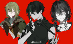 3boys arm_belt asymmetrical_bangs belt black_belt black_choker black_gloves black_hair black_shirt blonde_hair blood blood_on_clothes blood_on_face blood_on_neck blue_eyes brown_cloak choker cloak closed_mouth covered_collarbone covered_pectorals cropped_shoulders cropped_torso earrings expressionless finger_to_mouth gloves green_cloak green_eyes green_hair hair_between_eyes highres hood hood_down hooded_cloak jewelry kamu_(poulro) light_smile lip_piercing lips multicolored_hair multiple_boys orange_shirt original pectorals piercing pink_lips red_background scar scar_across_eye scar_on_face shirt short_hair simple_background single_bare_shoulder single_sleeve streaked_hair stud_earrings turtleneck turtleneck_shirt upper_body