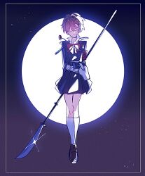 Rule 34 | 1girl, armband, arms behind back, black jacket, black skirt, border, bow, bowtie, brown hair, brown shoes, closed eyes, full moon, gekkoukan high school uniform, gradient sky, headphones, headphones around neck, high collar, highres, holding, holding polearm, holding weapon, jacket, kneehighs, moon, night, night sky, paitan1007, persona, persona 3, persona 3 portable, pleated skirt, polearm, ponytail, purple sky, red armband, red bow, red bowtie, s.e.e.s, school uniform, shiomi kotone, shoes, short hair, skirt, sky, smile, socks, solo, star (sky), starry sky, weapon, white background, white socks