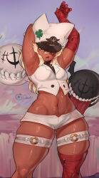 1girl blonde_hair breasts clover curvy dark-skinned_female dark_skin four-leaf_clover guilty_gear guilty_gear_strive hair_between_eyes highres looking_at_viewer lucifero_(guilty_gear) medium_breasts navel orange_eyes ourobot plump ramlethal_valentine red_bandage short_shorts shorts solo thick_thighs thigh_strap thighs white_hair white_shorts yellow_eyes