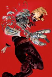 1boy automail belt black_boots black_pants bleeding blonde_hair blood boots braid braided_ponytail broken_arm cable debris dissolving edward_elric from_behind fullmetal_alchemist gloves highres long_hair looking_at_viewer looking_back male_focus mechanical_arms pants parted_lips popped_collar prosthesis prosthetic_arm red_background red_belt shoe_soles signature single_braid single_mechanical_arm solo sseunana white_gloves yellow_eyes