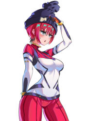 1girl adjusting_clothes adjusting_headwear amate_yuzuriha aqua_eyes beanie black_hat blush bodysuit breasts commentary cowboy_shot gundam gundam_gquuuuuux hat medium_breasts open_mouth red_bodysuit red_hair short_hair simple_background solo sweat two-tone_bodysuit uyufuzi_s white_background white_bodysuit