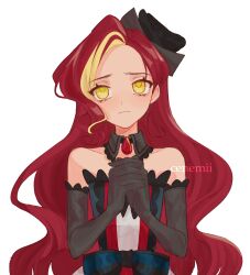 Rule 34 | 1girl, absurdres, bare shoulders, black dress, black gloves, black hat, cenemii, closed mouth, dress, elbow gloves, empress undergu, frilled dress, frilled gloves, frills, gloves, hat, highres, hirogaru sky! precure, interlocked fingers, long hair, multicolored hair, precure, red hair, very long hair, visible ears, worried, yellow eyes