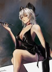 1girl absurdres bare_shoulders black_dress black_horns breasts choker closed_mouth collarbone commentary curled_horns dress elijah_de_drawer english_commentary grey_hair highres holding holding_smoking_pipe horns large_breasts long_hair looking_at_viewer red_choker red_eyes signature sitting smoking_pipe solo wuthering_waves zani_(wuthering_waves)