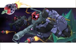 bazooka_(gundam) bit_(gundam) chibi dom_(mobile_suit) elmeth flying glowing glowing_eye gundam holding holding_weapon kubotami letterboxed looking_at_viewer mecha mecha_focus mobile_armor mobile_suit mobile_suit_gundam no_humans one-eyed outside_border purple_eyes robot science_fiction sd_gundam space star_(sky) weapon
