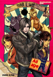 Rule 34 | 2girls, 3boys, ashley graham, bomber jacket, claire redfield, dr. salvador, gun, highres, jacket, katou teppei, leon s. kennedy, multiple boys, multiple girls, resident evil, resident evil - code: veronica, resident evil 4, steve burnside, weapon