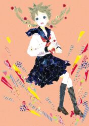 1girl 922pochan :o abstract black_sailor_collar black_skirt blue_eyes brown_hair brown_shoes clenched_hands commentary floating_hair flower full_body grey_hair hair_flower hair_ornament kneehighs knees_together_feet_apart long_hair long_sleeves looking_up masking_tape_(medium) mixed_media neckerchief open_mouth orange_background original poppy_(flower) red_neckerchief sailor_collar school_uniform serafuku shoes skirt socks starry_sky_print traditional_media twintails unconventional_media