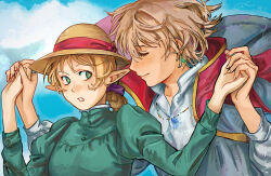 2girls blonde_hair braid closed_eyes cloud cloudy_sky commentary cosplay crossover dress dungeon_meshi earrings elf english_text falin_touden green_dress highres holding_hands howl_and_sophie_airwalking howl_no_ugoku_shiro howl_pendragon howl_pendragon_(cosplay) jewelry juliet_sleeves long_hair long_sleeves marcille_donato multiple_girls pointy_ears puffy_sleeves scene_reference shirt short_hair sky sophie_hatter sophie_hatter_(cosplay) white_shirt wormontwostrings