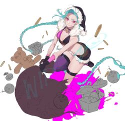 Rule 34 | 1girl, ammunition, arm tattoo, bag, black gloves, blue hair, bomb, box, braid, breasts, cleavage, crop top, explosive, full body, fur collar, gift, gift box, gloves, hat, heart-shaped box, holding, holding bag, jinx (league of legends), league of legends, long braid, long hair, looking at viewer, paint splatter, partially colored, pink eyes, purple thighhighs, santa hat, short shorts, shorts, single braid, smirk, solo, standing, standing on one leg, stomach, stuffed animal, stuffed toy, tattoo, teddy bear, thighhighs, torn bag, twisted torso, very long hair, white background, yoimon, zettai ryouiki