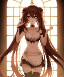Rule 34 | 1girl, :&lt;, absurdres, ahoge, apron, black nails, brown hair, cowboy shot, flower, genshin impact, highres, hu tao (genshin impact), jewelry, long hair, looking at viewer, maid apron, nail polish, open mouth, red eyes, ring, roze (user mwcd2533), symbol-shaped pupils, twintails