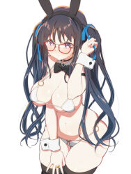 Rule 34 | 1girl, :/, alternate hairstyle, animal ear hairband, animal ears, arm strap, arm up, assault lily, bare shoulders, bespectacled, bikini, black bow, black bowtie, black choker, black hair, black hairband, black thighhighs, blue ribbon, blush, bow, bow bikini, bowtie, breasts, choker, cleavage, closed mouth, commentary request, cowboy shot, detached collar, fake animal ears, glasses, hair ribbon, hairband, halterneck, hand on own thigh, heart, heart o-ring, heart ring choker, highres, holding, holding ribbon, jewelry, large breasts, long hair, looking at viewer, navel, nontraditional playboy bunny, o-ring, o-ring bikini, o-ring bottom, o-ring choker, o-ring top, playboy bunny bikini, purple eyes, rabbit ears, red-framed eyewear, red bow, ribbon, ring, shirai yuyu, sidelocks, simple background, skull573, solo, stomach, strap gap, string bikini, swimsuit, thigh gap, thighhighs, two side up, v-shaped eyebrows, very long hair, wavy hair, white background, white bikini, wrist cuffs