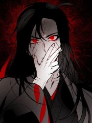 Rule 34 | 1boy, ahoge, anger vein, angry, aninsigsi, black hair, black hanfu, chinese clothes, coat, covering own mouth, glowing, glowing eyes, grey coat, hair down, hair ribbon, half updo, hand on own face, hand up, hanfu, highres, korean commentary, long hair, long sleeves, looking at viewer, male focus, modao zushi, official alternate costume, official alternate hairstyle, open clothes, open coat, red background, red eyes, red ribbon, ribbon, robe, solo, upper body, wei wuxian, wei wuxian (yiling laozu), wide sleeves