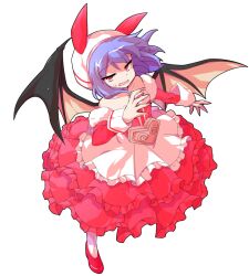 1girl alternate_costume bare_shoulders bat_wings collarbone commentary_request commission dairi detached_sleeves dress full_body fur-trimmed_sleeves fur_trim hat large_variant_set long_sleeves looking_at_viewer off-shoulder_dress off_shoulder open_mouth purple_hair red_dress red_eyes red_shoes red_sleeves remilia_scarlet shoes short_hair skeb_commission solo standing sweatdrop tachi-e touhou variant_set white_hat wings