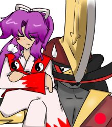 Rule 34 | 1girl, arm blade, armor, black hair, facial hair, gold, hakama, helmet, horns, japanese clothes, kataginu, kimono, kingambit, long hair, meira (touhou), nintendo, parted bangs, pokemon, pokemon (creature), ponytail, purple hair, red armor, red vest, samurai, single horn, story of eastern wonderland, touhou, touhou (pc-98), vest, weapon, white kimono