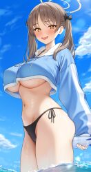 1girl absurdres bikini bikini_bottom_only black_bikini blue_archive blue_hoodie blush breasts brown_hair commentary cowboy_shot cropped_hoodie day eyewear_hang halo hayasi_iru highres hood hoodie inflatable_torpedo large_breasts long_hair long_sleeves looking_at_viewer moe_(blue_archive) moe_(swimsuit)_(blue_archive) navel official_alternate_costume open_mouth outdoors side-tie_bikini_bottom sky smile solo standing stomach swimsuit twintails underboob unworn_eyewear wading water yellow_eyes