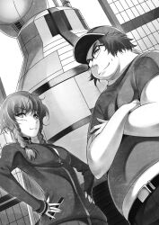 1boy 1girl :3 amane_suzuha bad_tag blush braid breasts crossed_arms dutch_angle fat fat_man father_and_daughter fg204 from_below greyscale hands_on_own_hips hashida_itaru hat highres ikeda_yasuhiro jacket long_hair long_sleeves medium_breasts midriff monochrome non-web_source science_adventure shirt short_hair smile smug steins;gate t-shirt twin_braids twintails