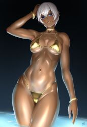 1girl arm_up armpits artist_logo bikini blue_eyes bracelet breasts cameltoe collarbone commentary_request dark-skinned_female dark_skin earrings elena_(street_fighter) finalcake gold_bikini golden_week golden_week_bikini hair_between_eyes hand_on_own_head highleg highleg_bikini highres jewelry logo looking_at_viewer medium_breasts navel neck_ring parted_lips short_hair single_earring smile solo stomach street_fighter street_fighter_6 street_fighter_iii_(series) swimsuit thighs toned toned_female underboob wading water white_hair