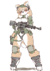 1girl animal_ears assault_rifle black_panties breasts dog_ears dog_girl dog_tail furry furry_female gun highres knee_pads medium_breasts military_operator original panties rifle simple_background tail underwear weapon white_background yazawa_owl